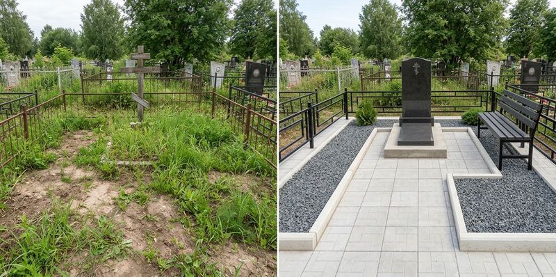 коллаж до и после благоустройства могилы