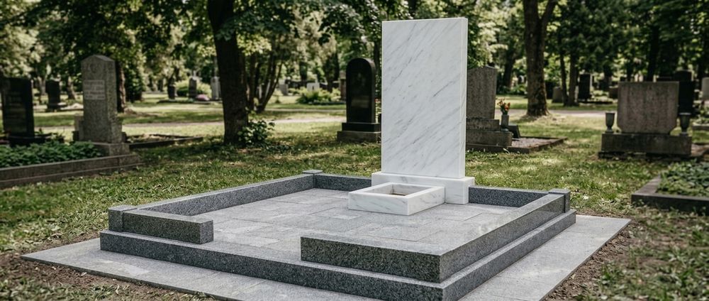Вертикальный памятник из мрамора на кладбище