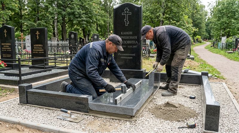 Установка надгробной плиты на кладбище