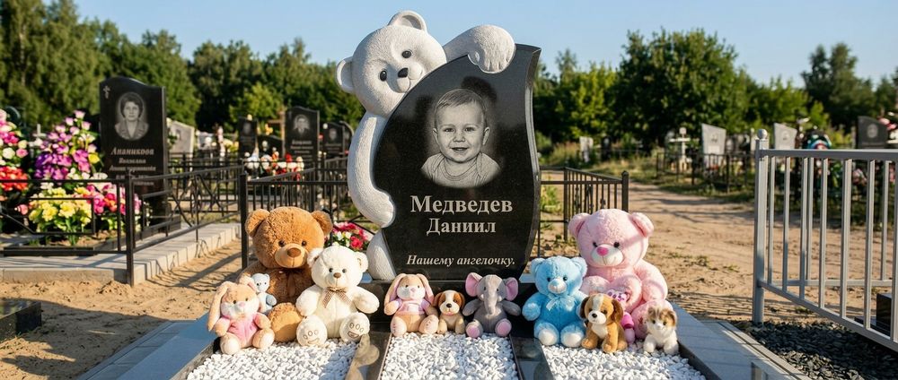 Памятник младенцу с медведем из мрамора